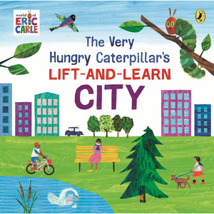 Book cover of 'The Very Hungry Caterpillar's Lift-and-Learn City' with colorful illustrations of a cityscape.