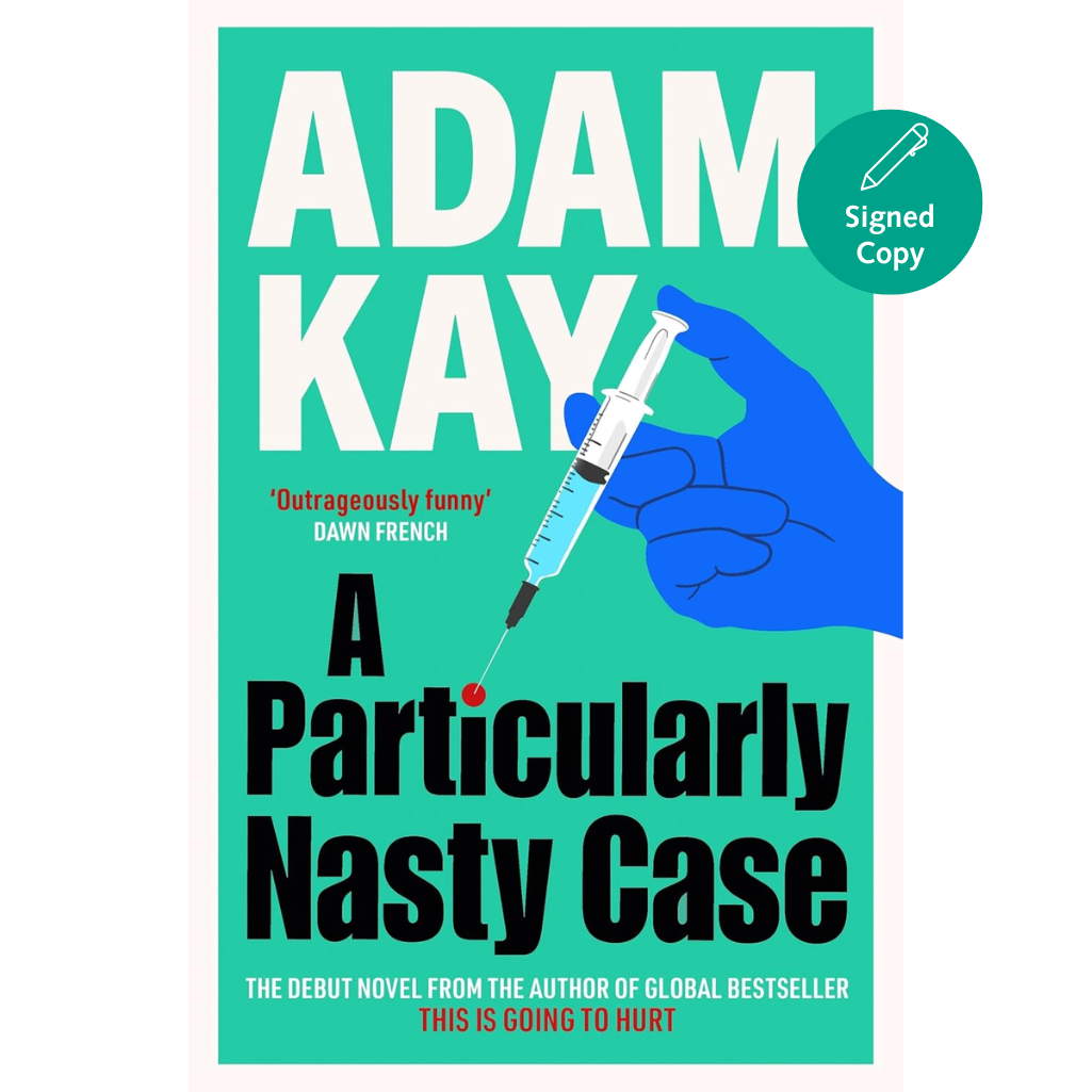 Book cover of 'A Particularly Nasty Case' by Adam Kay with a blue hand holding a syringe on a green background.
