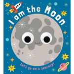Book cover of 'I am the Moon' with a cartoon moon character on a blue background.