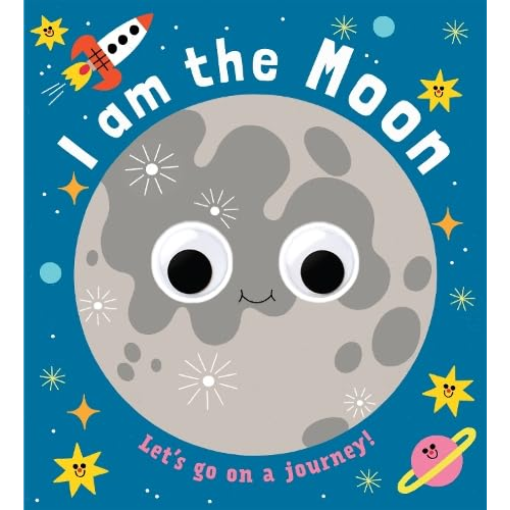Book cover of 'I am the Moon' with a cartoon moon character on a blue background.