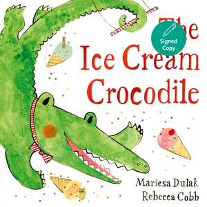 Book cover of 'The Ice Cream Crocodile' with a green crocodile holding an ice cream cone on a white background.