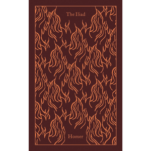 Book cover of 'The Iliad' by Homer with flame pattern