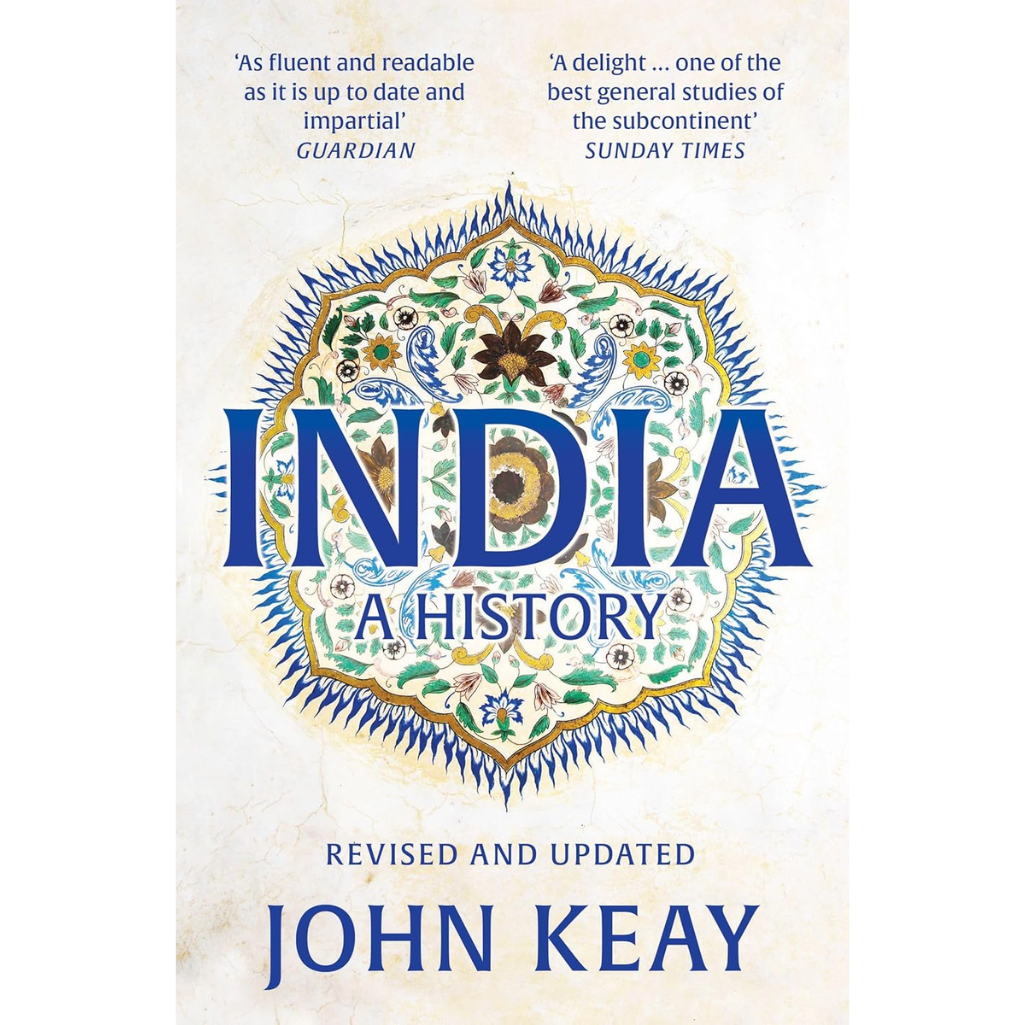 Book cover of 'India: A History' by John Keay with decorative elements and text on a light background