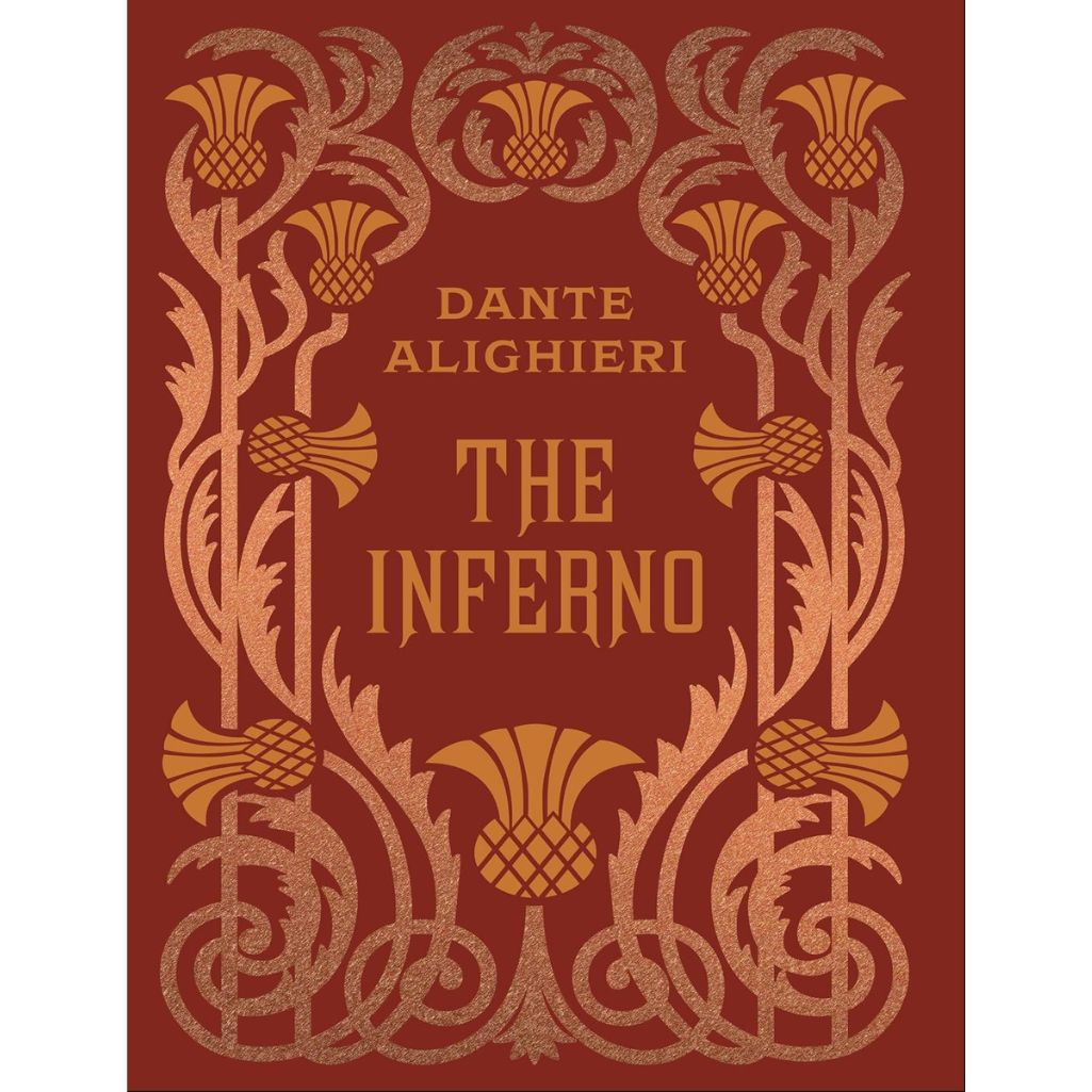 Book cover of 'The Inferno' by Dante Alighieri with decorative gold patterns on a red background