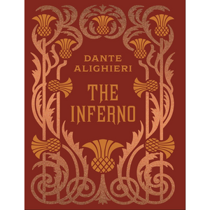 Book cover of 'The Inferno' by Dante Alighieri with decorative gold patterns on a red background