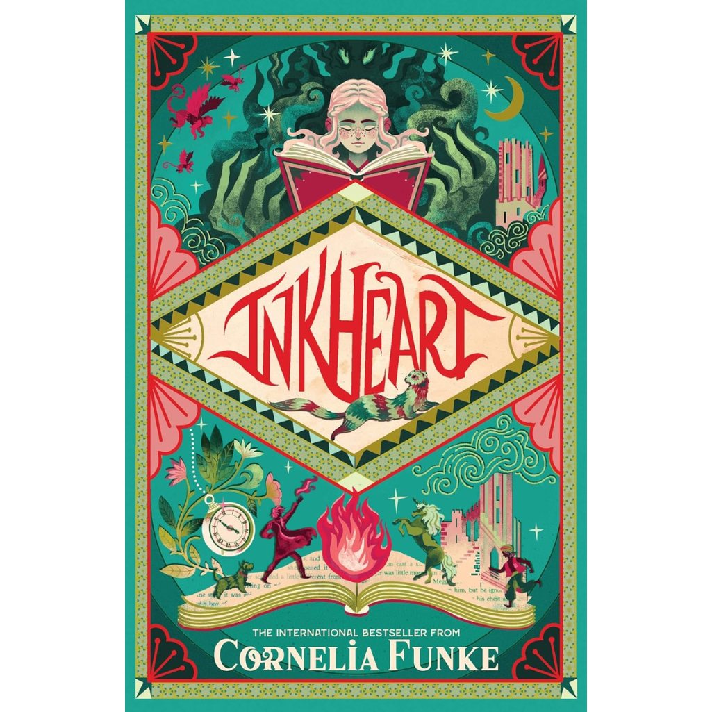 Book cover of 'Inkheart' by Cornelia Funke with colorful design and characters.
