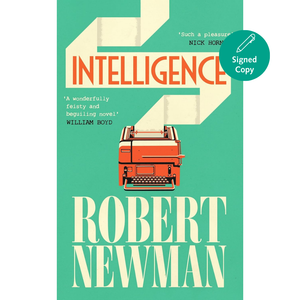Book cover of 'Intelligence' by Robert Newman with a typewriter illustration on a green background