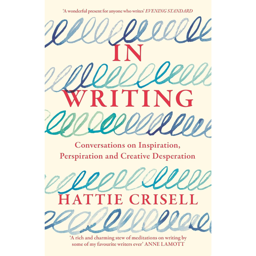 Book cover of 'In Writing' by Hattie Crisell with colorful text design on a beige background.
