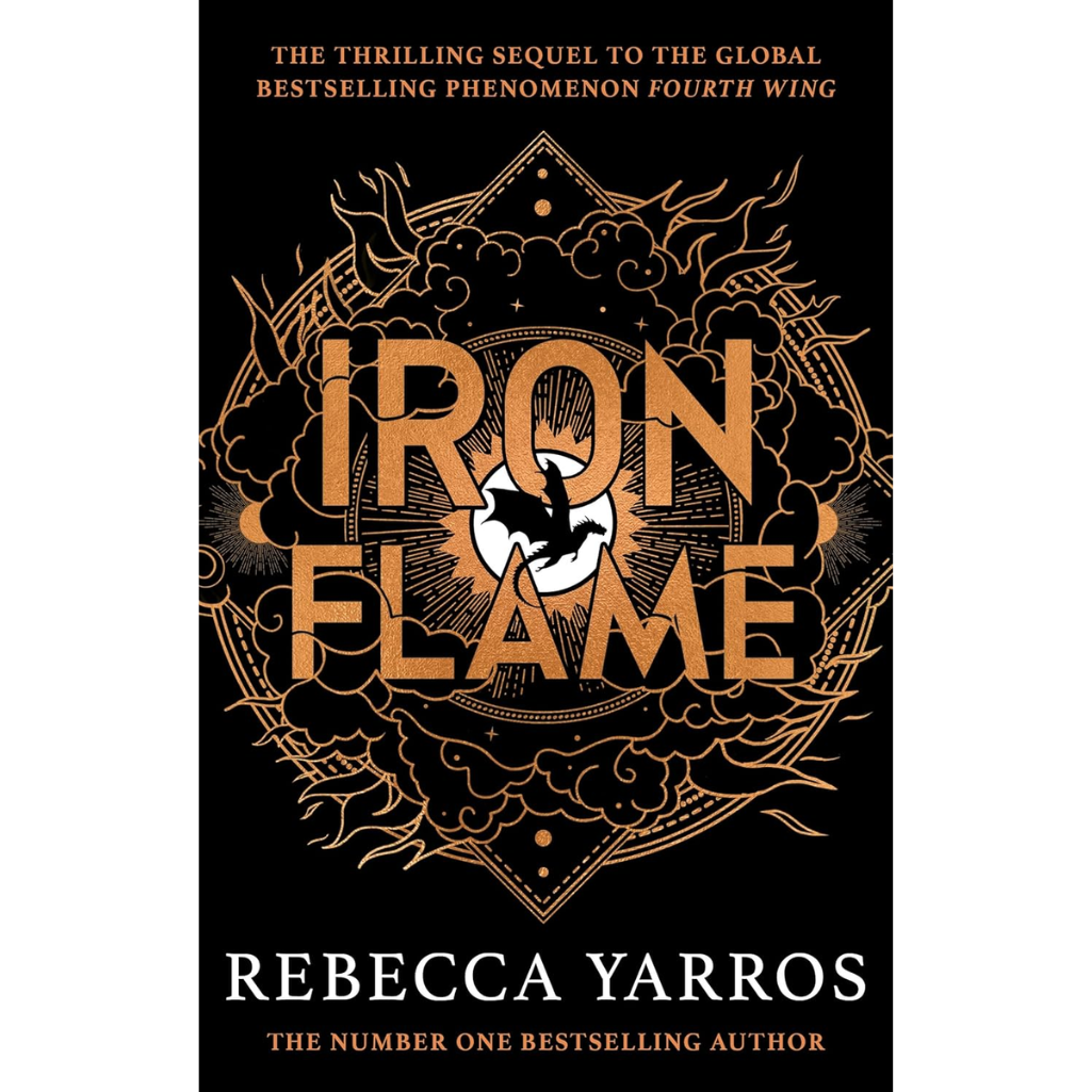 Book cover of 'Iron Flame' by Rebecca Yarros with decorative text and emblem.
