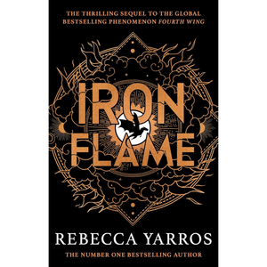 Book cover of 'Iron Flame' by Rebecca Yarros with decorative text and emblem.