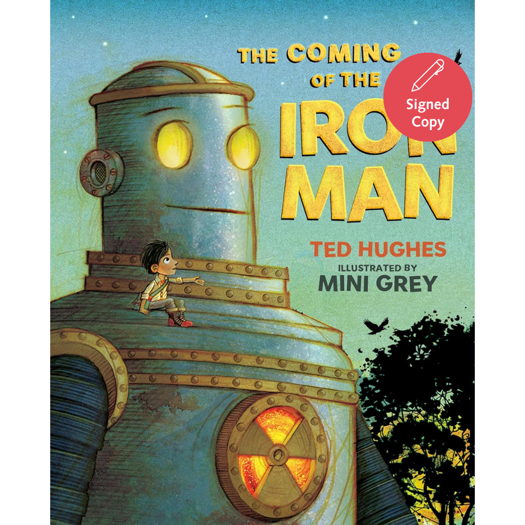Book cover of 'The Coming of the Iron Man' with a robot and child illustration.