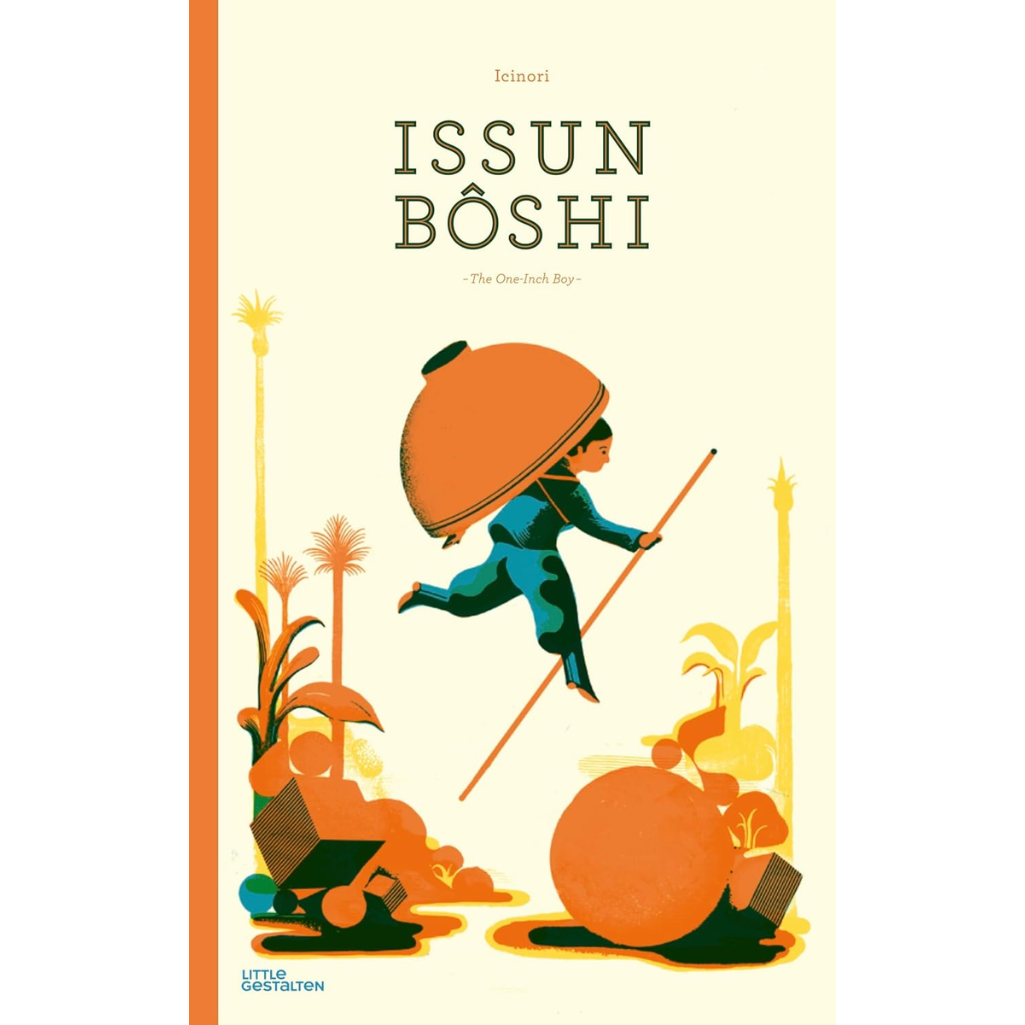 Book cover of 'Issun Boshi' with an illustration of a small person running with a large head, set against a light background.
