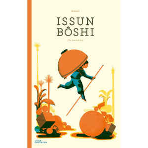 Book cover of 'Issun Boshi' with an illustration of a small person running with a large head, set against a light background.
