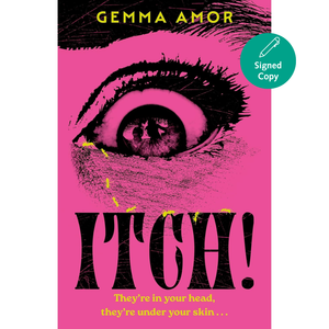 Book cover of 'ITCH!' by Gemma Amor with a pink background and eye illustration.