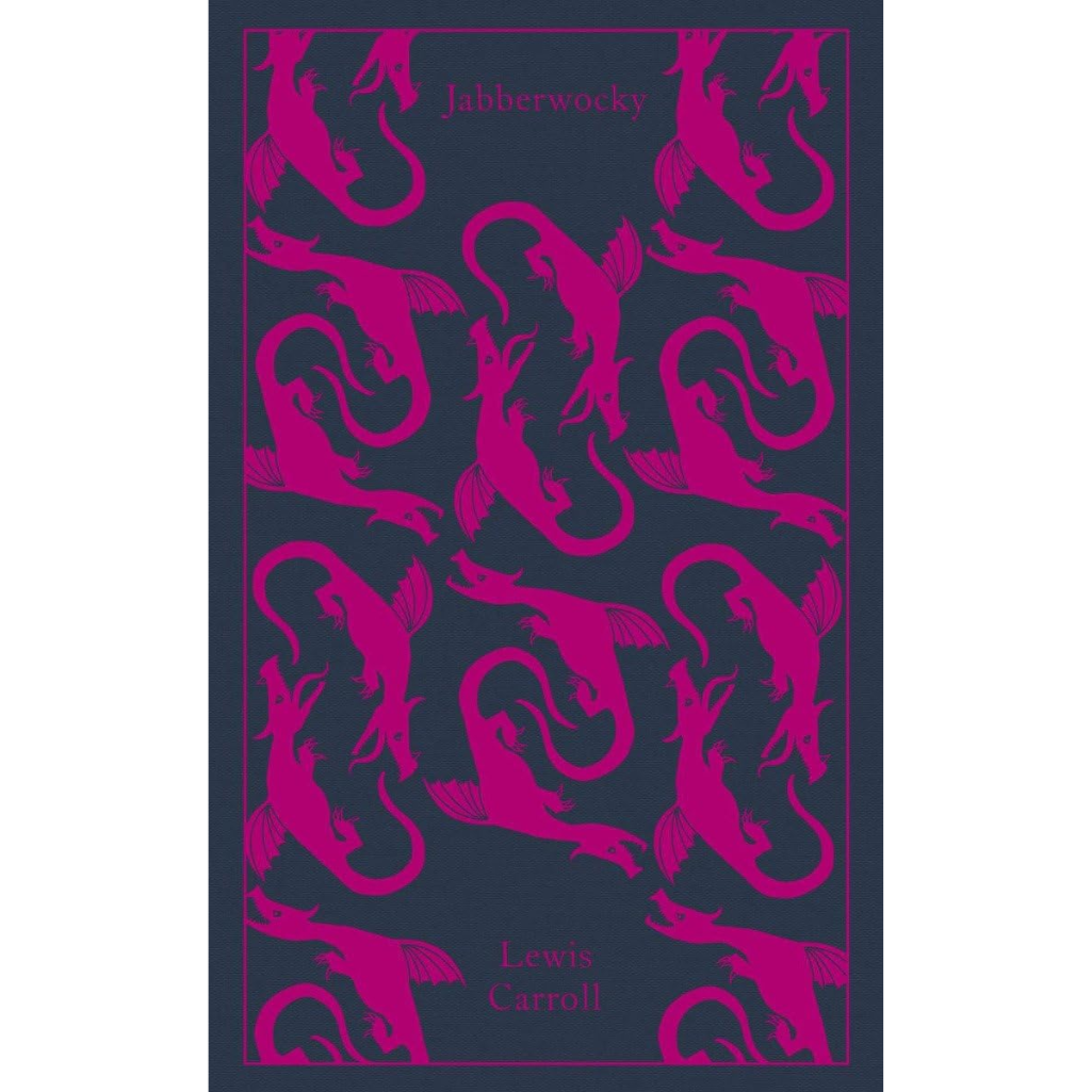 Book cover with pink 'jabberwocky' design and author's name on a dark background