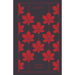 Book cover with red leaf pattern and text 'Jane Eyre' and 'Charlotte Bronte'.