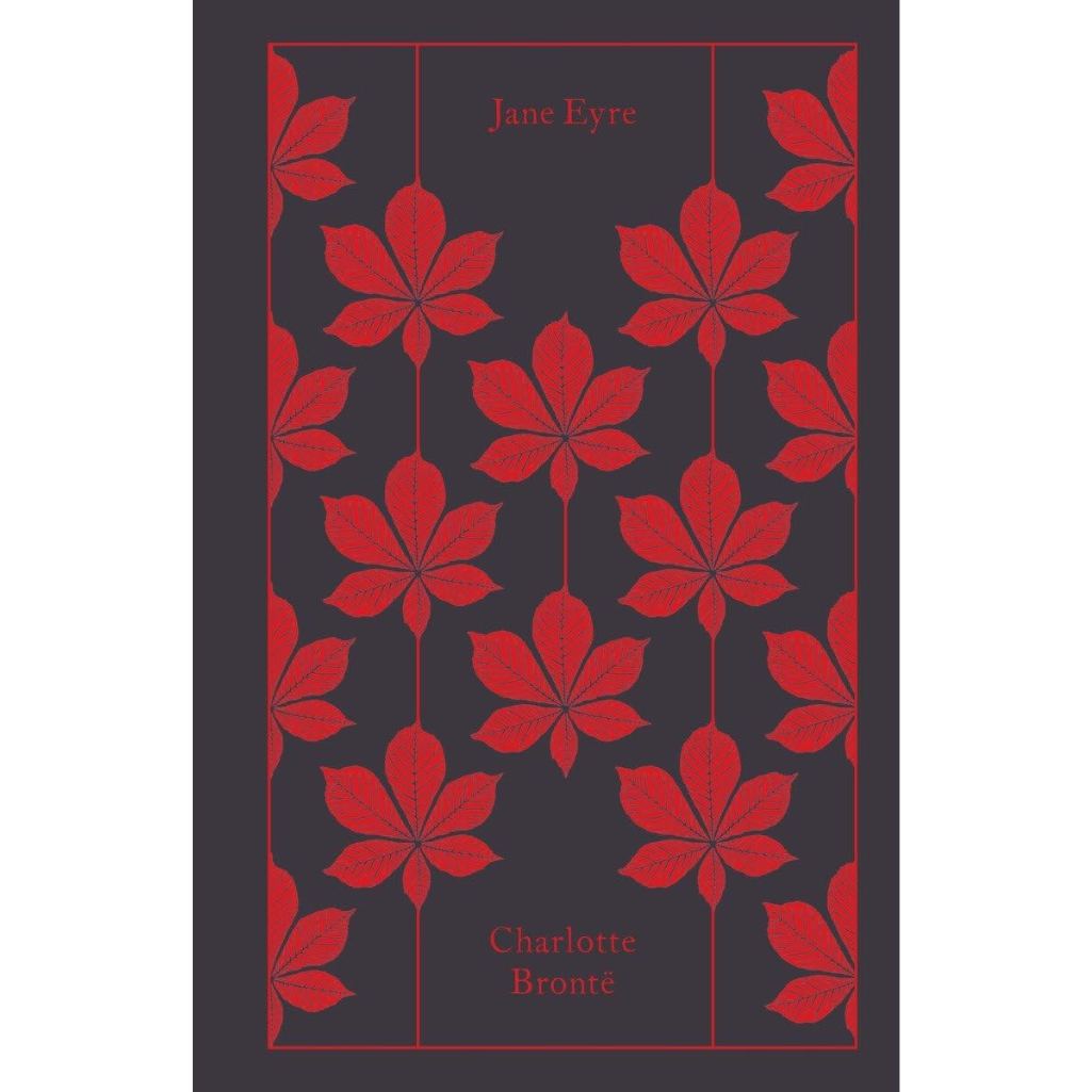 Book cover with red leaf pattern and text 'Jane Eyre' and 'Charlotte Bronte'.