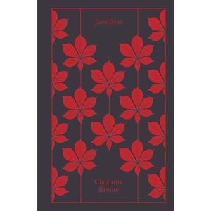Book cover with red leaf pattern and text 'Jane Eyre' and 'Charlotte Bronte'.