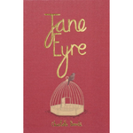 Book cover of 'Jane Eyre' with a birdcage and bird illustration on a red background