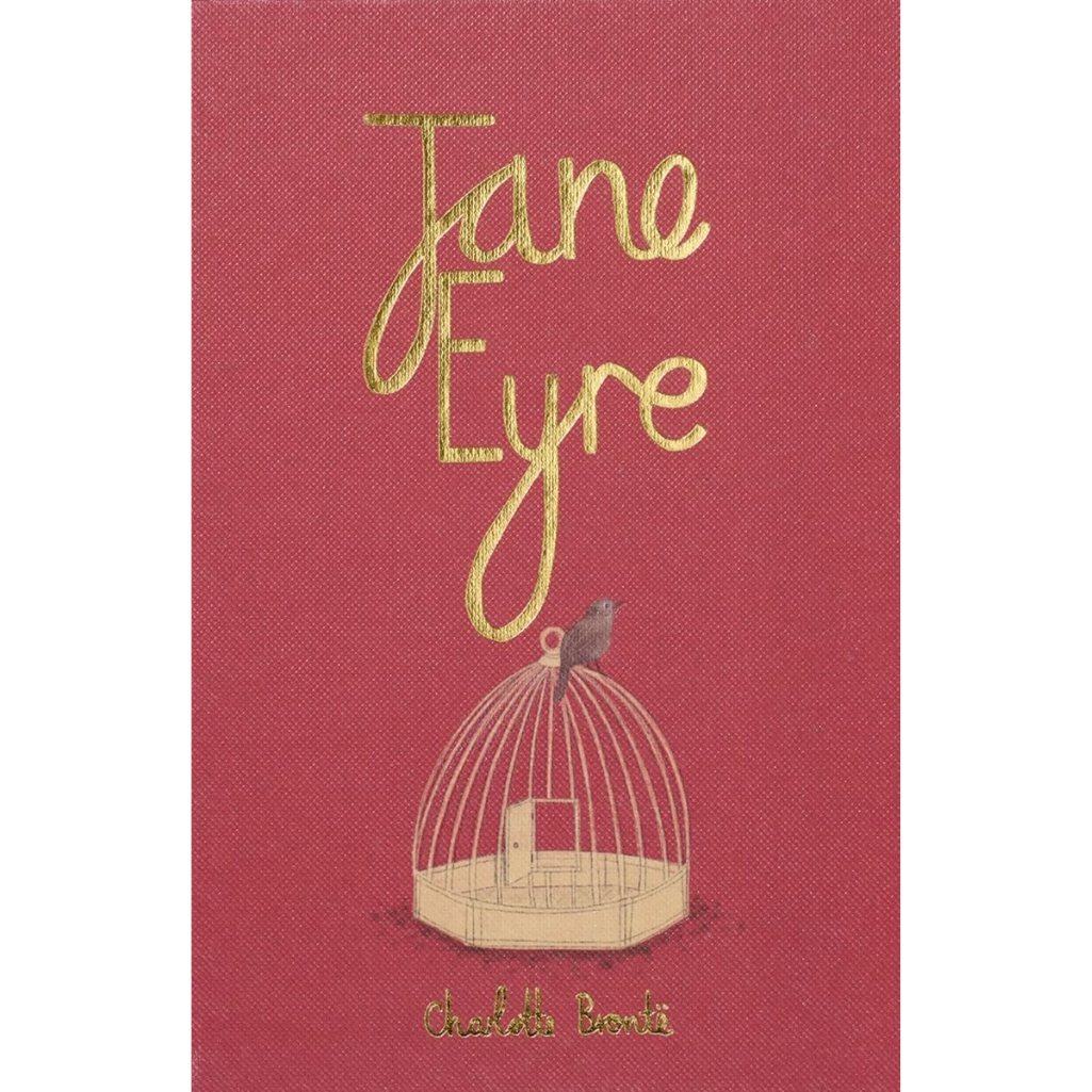Book cover of 'Jane Eyre' with a birdcage and bird illustration on a red background