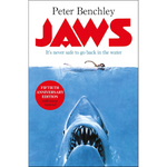 Book cover of 'Jaws' by Peter Benchley with a shark and swimmer underwater.