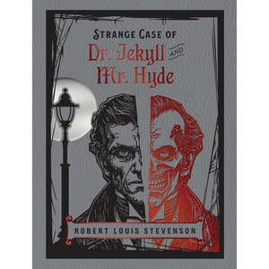 Book cover of 'Strange Case of Dr. Jekyll and Mr. Hyde' with a split portrait of a man and his alter ego.
