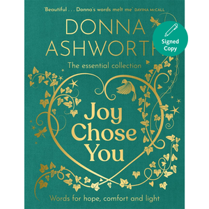 Book cover of 'Joy Chose You' by Donna Ashworth with decorative elements and a green background.