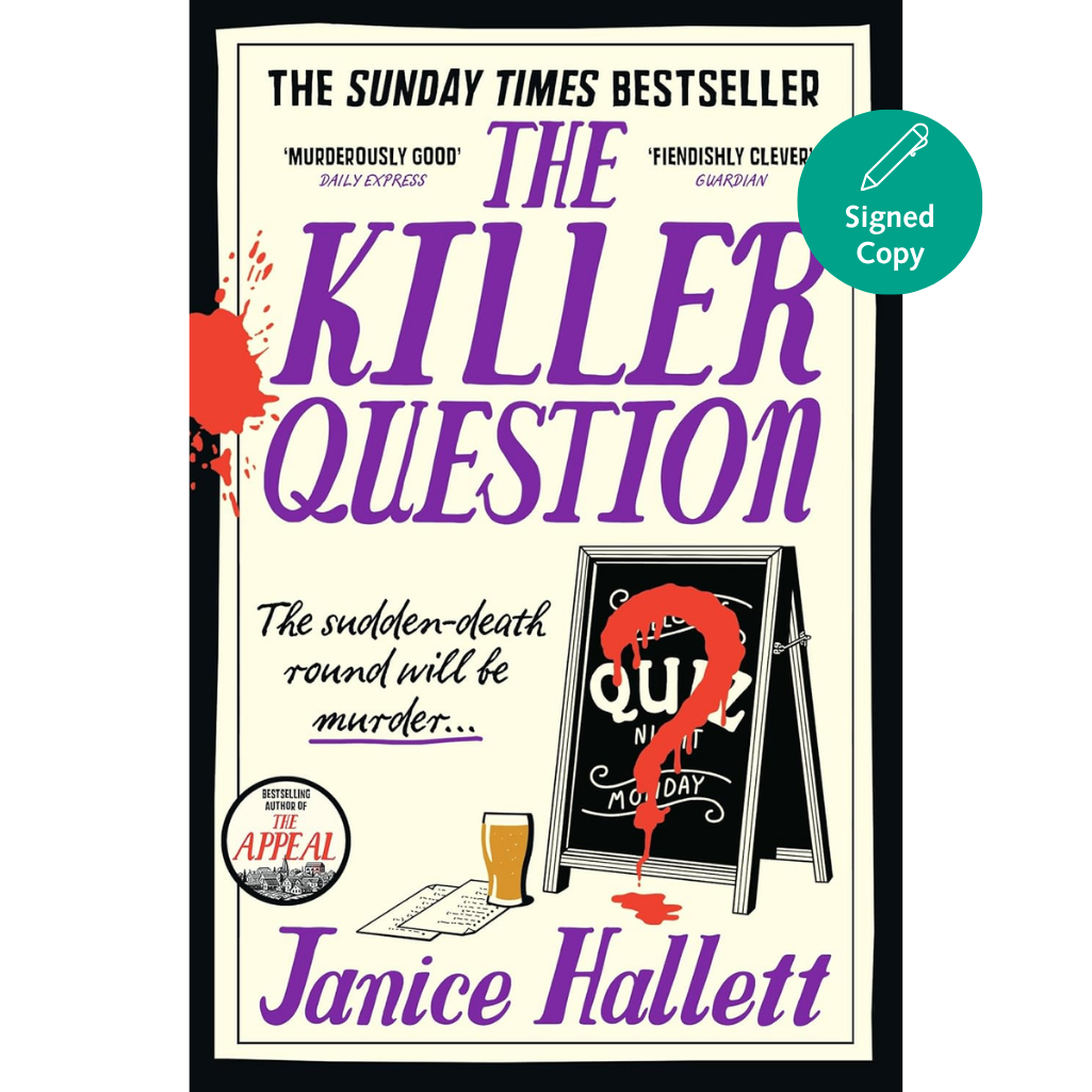 Book cover of 'The Killer Question' by Janice Hallett with a murder mystery theme.