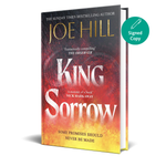 Book titled 'King Sorrow' by Joe Hill with a signed copy badge on a white background