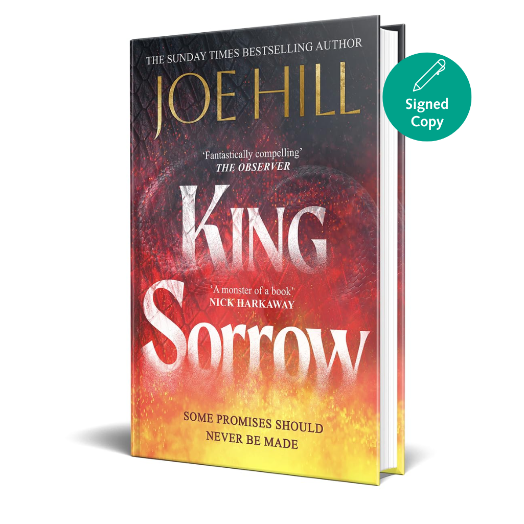 Book titled 'King Sorrow' by Joe Hill with a signed copy badge on a white background