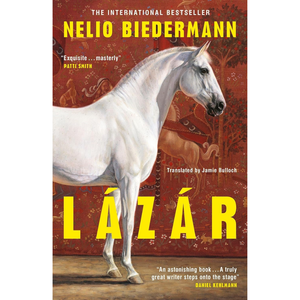 Book cover of 'Lózar' with a white horse illustration and text about the author and translator.