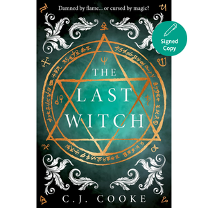 Book cover of 'The Last Witch' with decorative elements and a green hexagonal symbol.