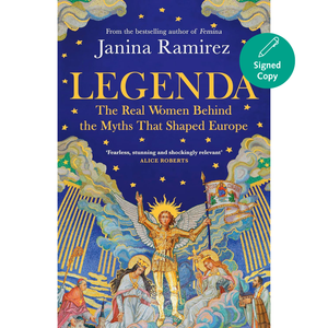 Book cover of 'Legenda' by Janina Ramirez with a blue background and angelic illustration.