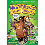 Book cover of 'Mr. Lemoncello's Library Olympics' with cartoon characters and a green background.