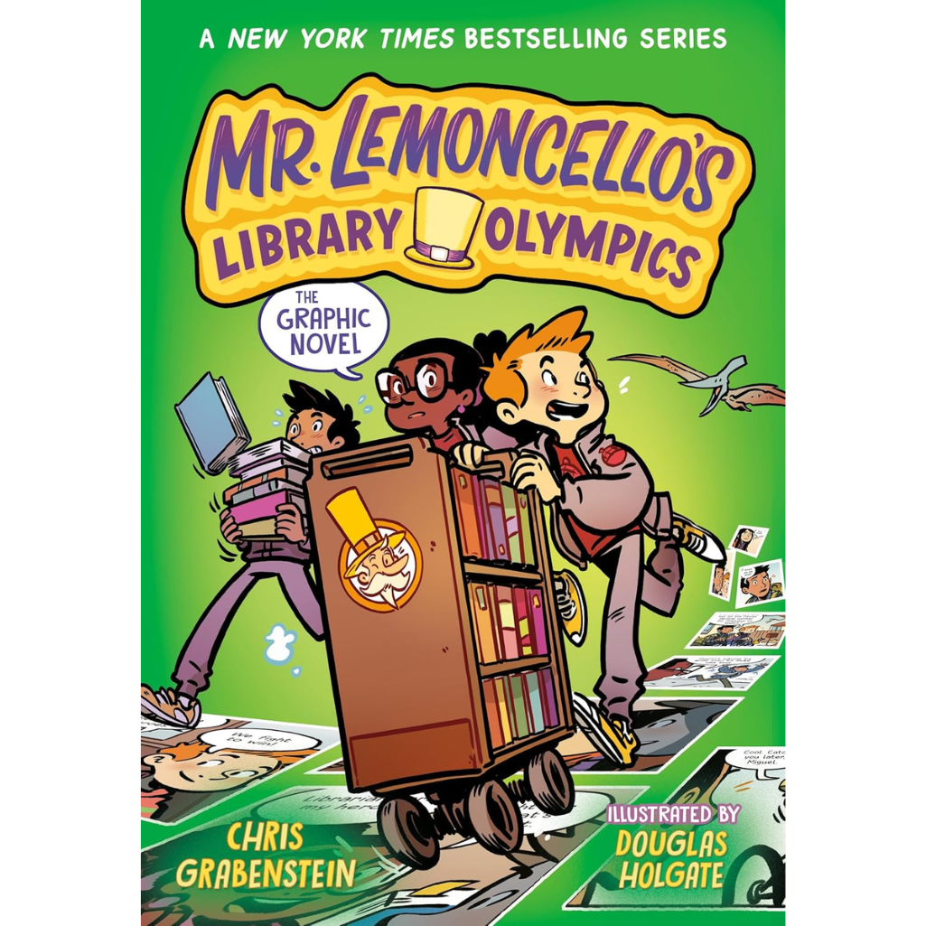 Book cover of 'Mr. Lemoncello's Library Olympics' with cartoon characters and a green background.
