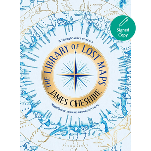 Book cover of 'The Library of Lost Maps' by James Cheshire with a compass design and map background.