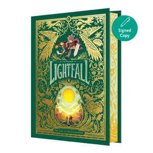 The Girl & the Goldrush: The Pathfinder of Lightfall hardcover book shown at an angle to reveal its gold-patterned spine and inner pages, with a teal 'Signed Copy' badge overlay on the top right.