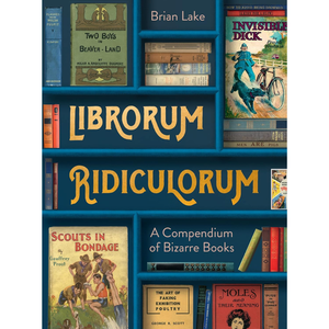 Bookshelf with various books and 'Librorum Ridiculorum' title on a blue background