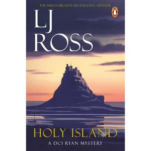 Book cover of 'Holy Island' by LJ Ross featuring a castle on an island with a sunset.