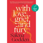 Book cover of 'With Love, Grief and Fury' by Salena Golden with a red background and orange text.
