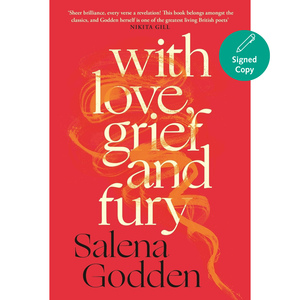 Book cover of 'With Love, Grief and Fury' by Salena Golden with a red background and orange text.