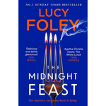 Book cover of 'The Midnight Feast' by Lucy Foley with a fork and candles design.