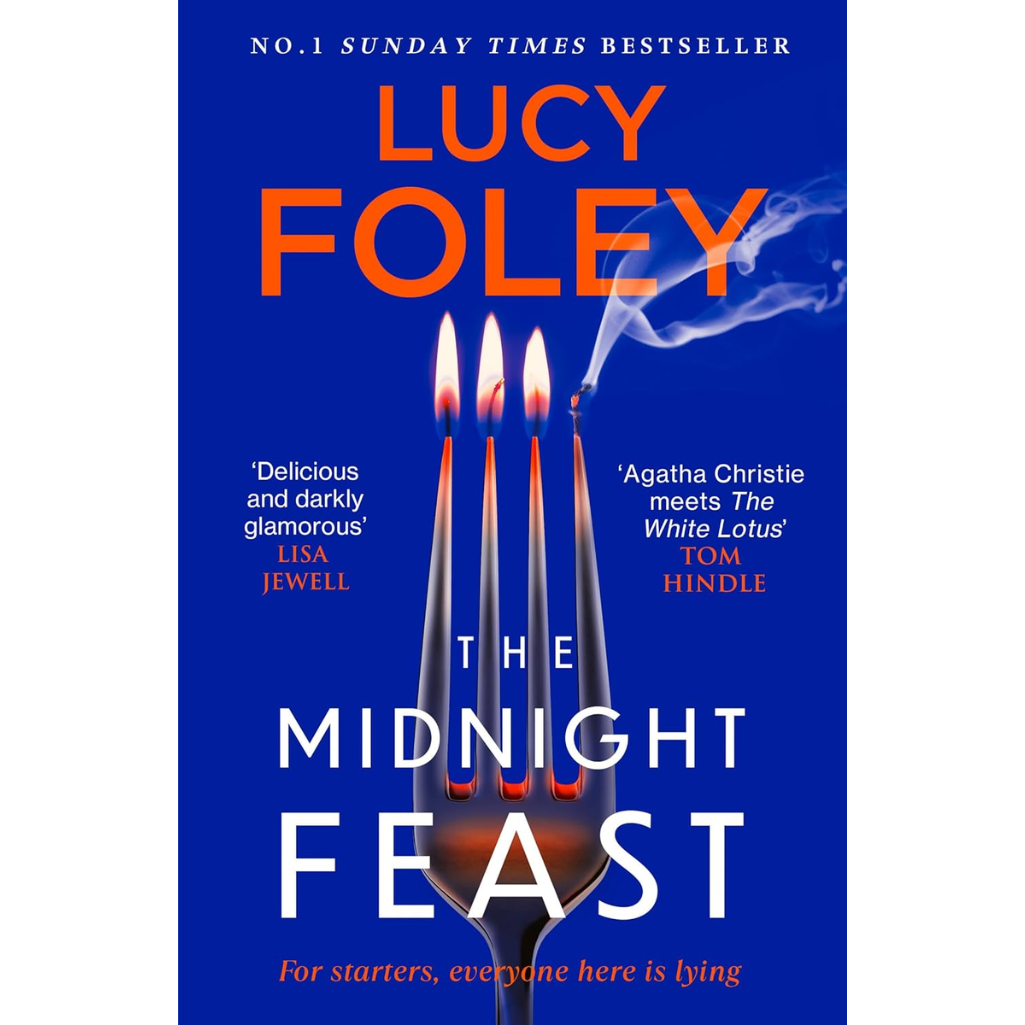 Book cover of 'The Midnight Feast' by Lucy Foley with a fork and candles design.