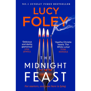 Book cover of 'The Midnight Feast' by Lucy Foley with a fork and candles design.