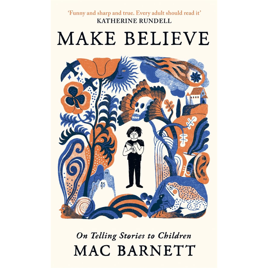 Book cover of 'Make Believe' by Mac Barnett with decorative elements and a child figure.