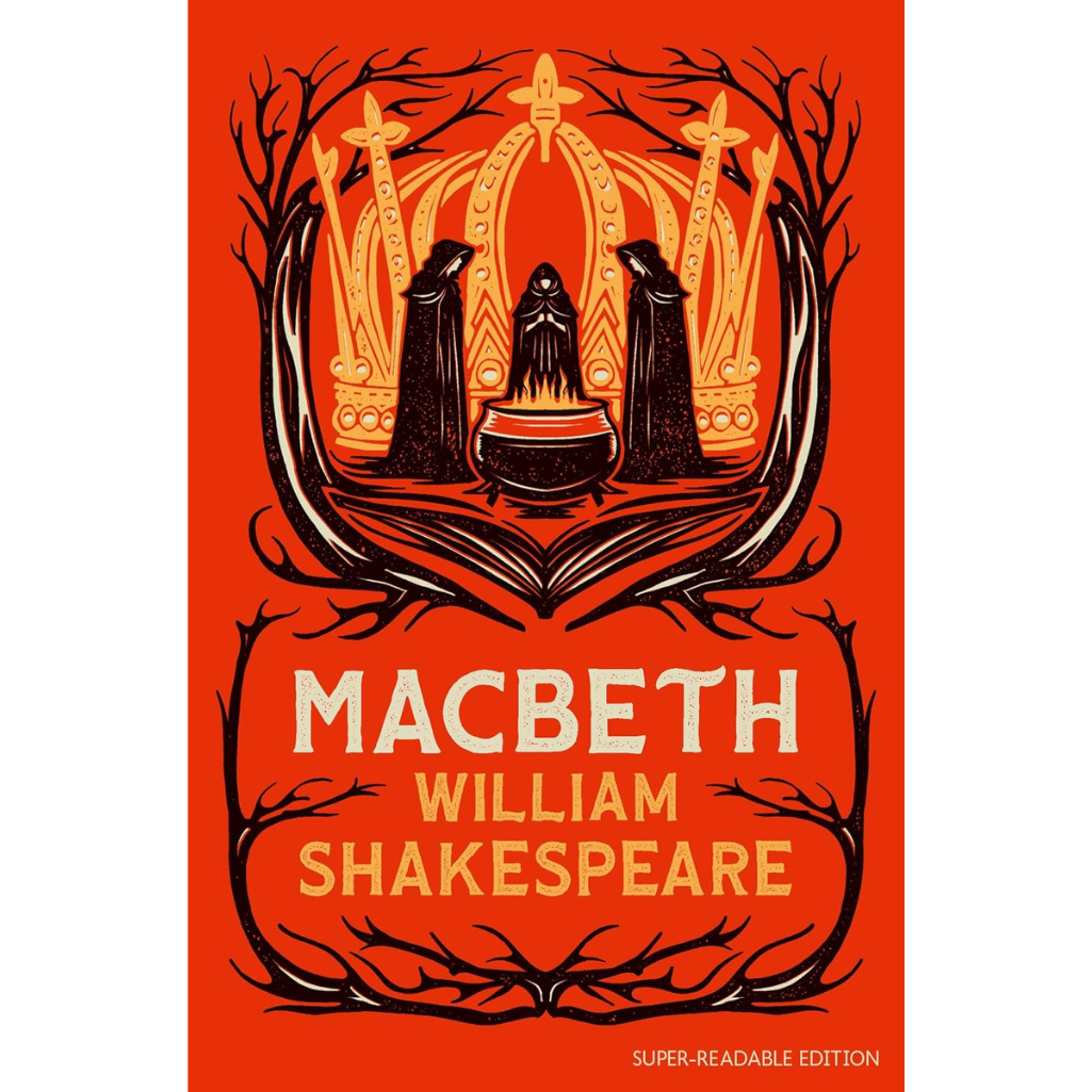 Book cover of 'Macbeth' by William Shakespeare with an orange background and black text.