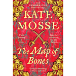 Book cover of 'The Map of Bones' by Kate Mosse with gold text and decorative elements on a red background.