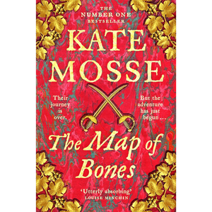 Book cover of 'The Map of Bones' by Kate Mosse with gold text and decorative elements on a red background.