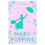 Book cover of 'Mary Poppins' with a silhouette of Mary Poppins holding an umbrella on a pink background.