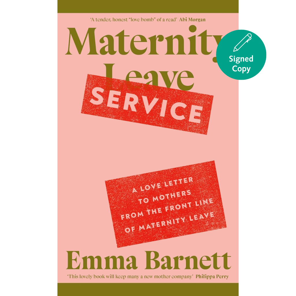 Book cover of 'Maternity Leave Service' by Emma Barnett with a pink background and green and red text.